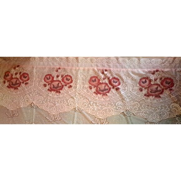 Pink Lace Curtain Panel Attached Valance Sheer Roses Art Deco Style 80x60 - Picture 2 of 6
